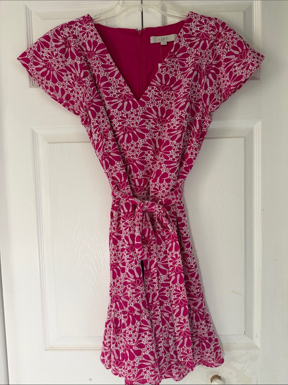 LOFT Fuchsia Floral V-Neck Tie-Waist Dress